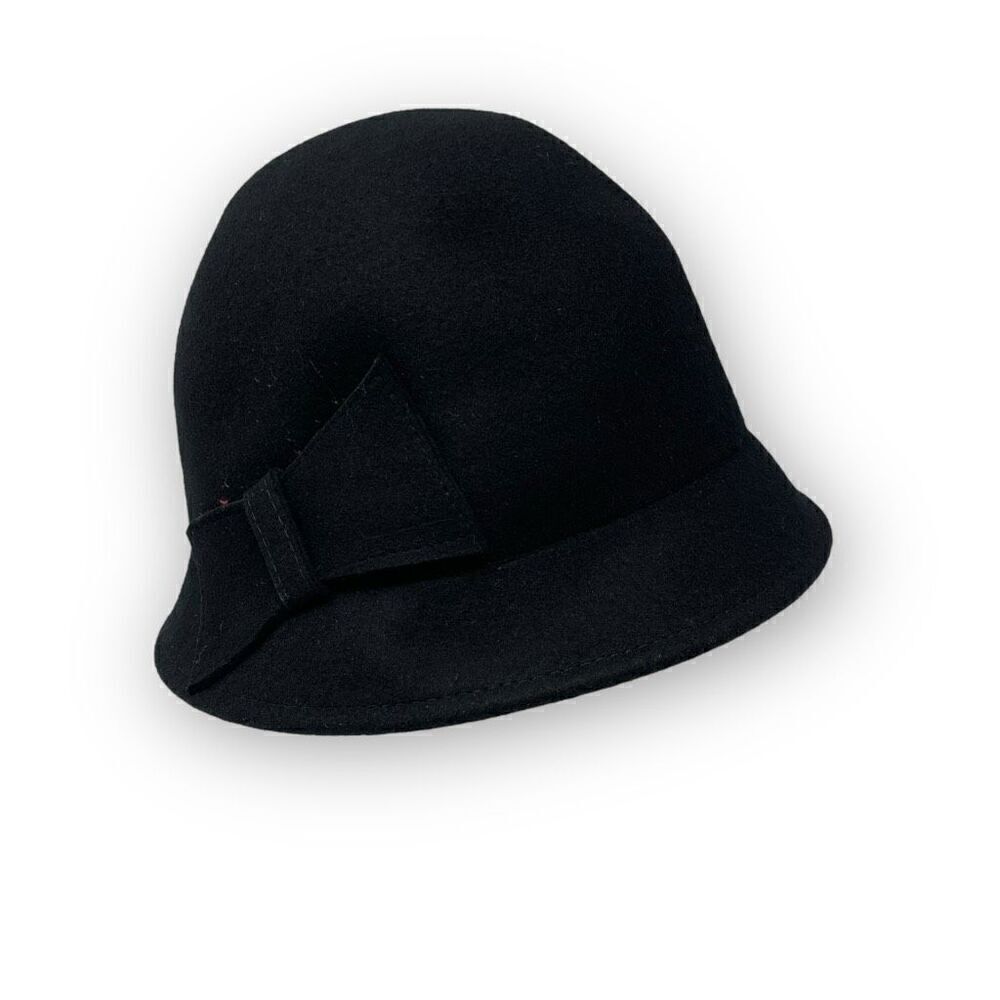 Riviera Black Cloche Bucket 100% Wool Hat Felt Bow OSFM